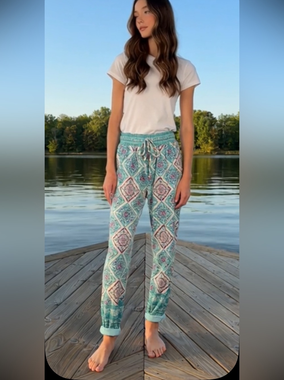 Talbots Teal, Pink & White Patterned Wide-Leg Drawstring Pants with pockets.